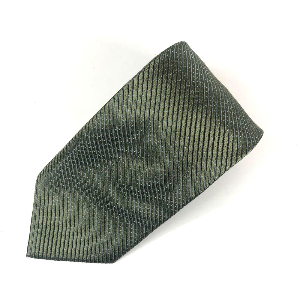 Calvin Klein Silk Necktie Green & Gray Diagonal Stripe Subtle Dot Pattern Wide